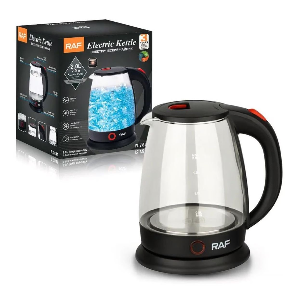 RAFF - HERVIDOR ELÉCTRICO PORTÁTIL DE VIDRIO TETERA DE AGUA DE 2000W Y 2L