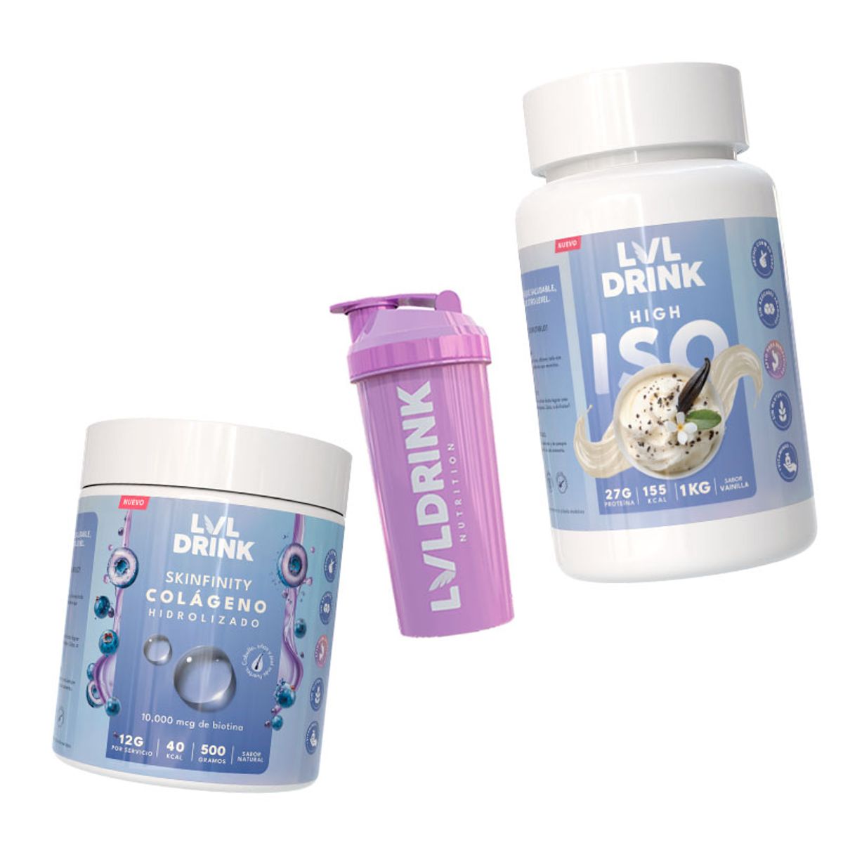 LVLDRINK NUTRITION - Proteína Vainilla 1kg + Colágeno Hidrolizado con Biotina 500g  Shaker de regalo