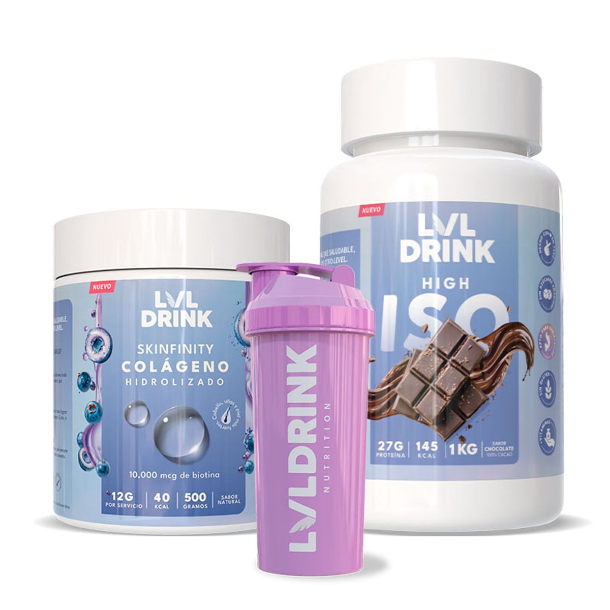 LVLDRINK NUTRITION - Proteína Chocolate 1kg + Colágeno Hidrolizado con Biotina 500g  Shaker de regalo