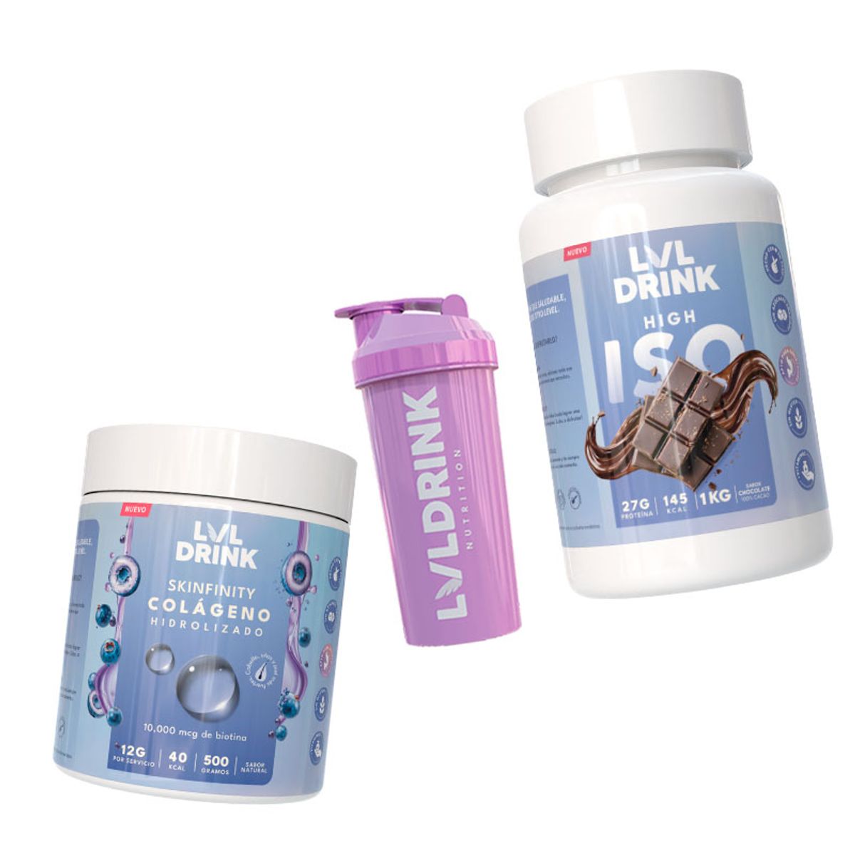 LVLDRINK NUTRITION - Proteína Chocolate 1kg + Colágeno Hidrolizado con Biotina 500g  Shaker de regalo