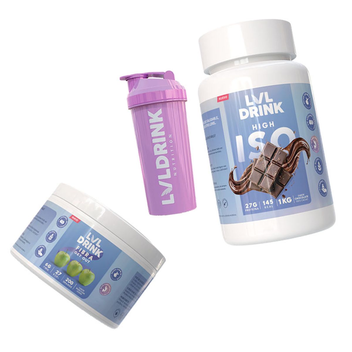 LVLDRINK NUTRITION - Proteína Chocolate 1kg + Fibra de Manzana 200g Stevia 100% Shaker de regalo
