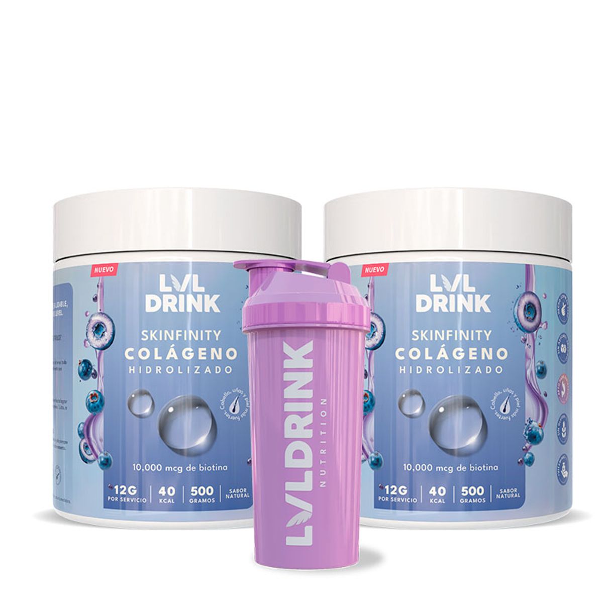 LVLDRINK NUTRITION - Colágeno Hidrolizado con Biotina 500g Pack x2 Sin azúcares  Shaker de regalo