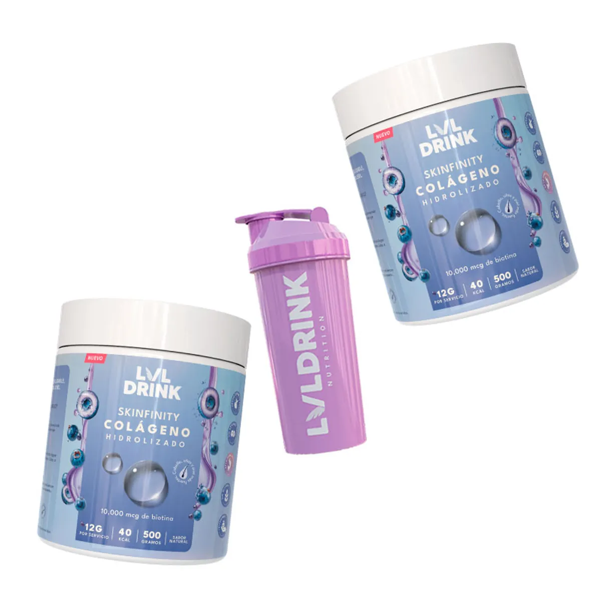LVLDRINK NUTRITION - Colágeno Hidrolizado con Biotina 500g Pack x2 Sin azúcares  Shaker de regalo