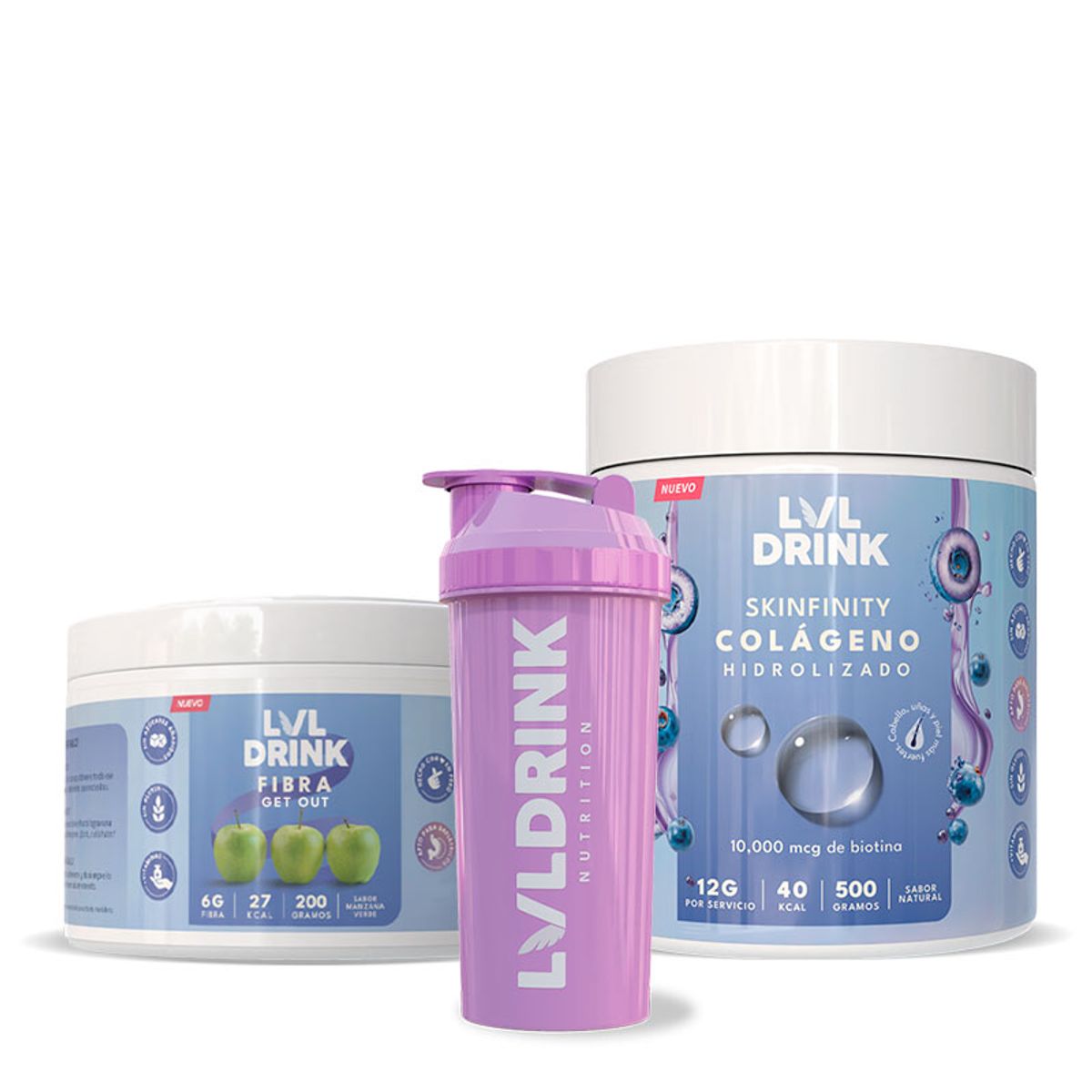 LVLDRINK NUTRITION - Colágeno Hidrolizado con Biotina 500g + Fibra de Manzana200 g  Shaker de regalo