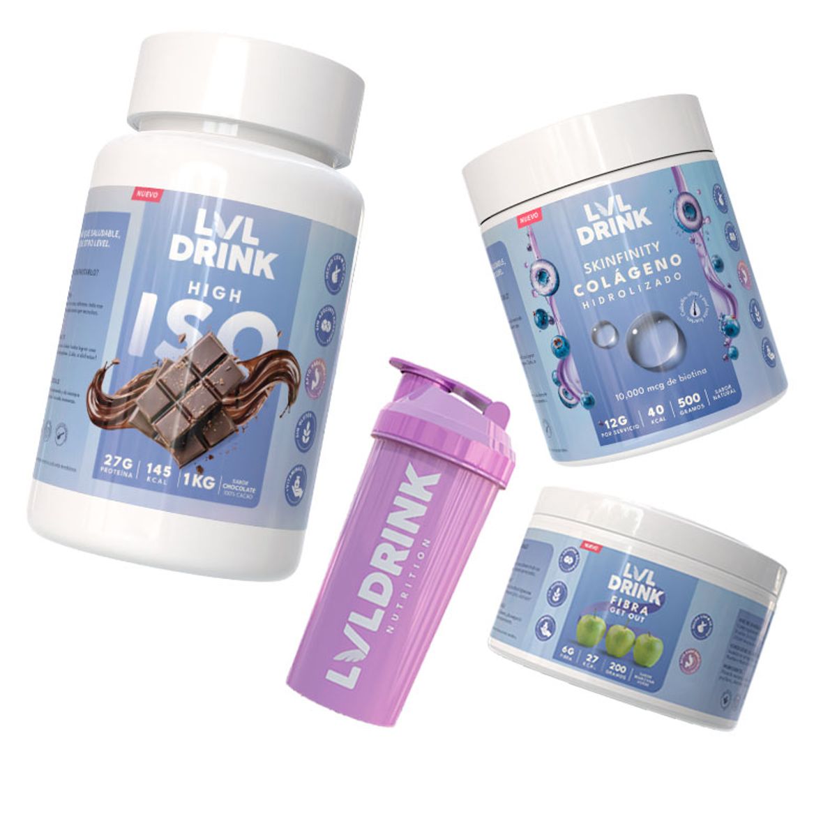 LVLDRINK NUTRITION - Proteína Chocolate 1kg + Colágeno Hidrolizado 500g + Fibra 200g + Shaker de regalo