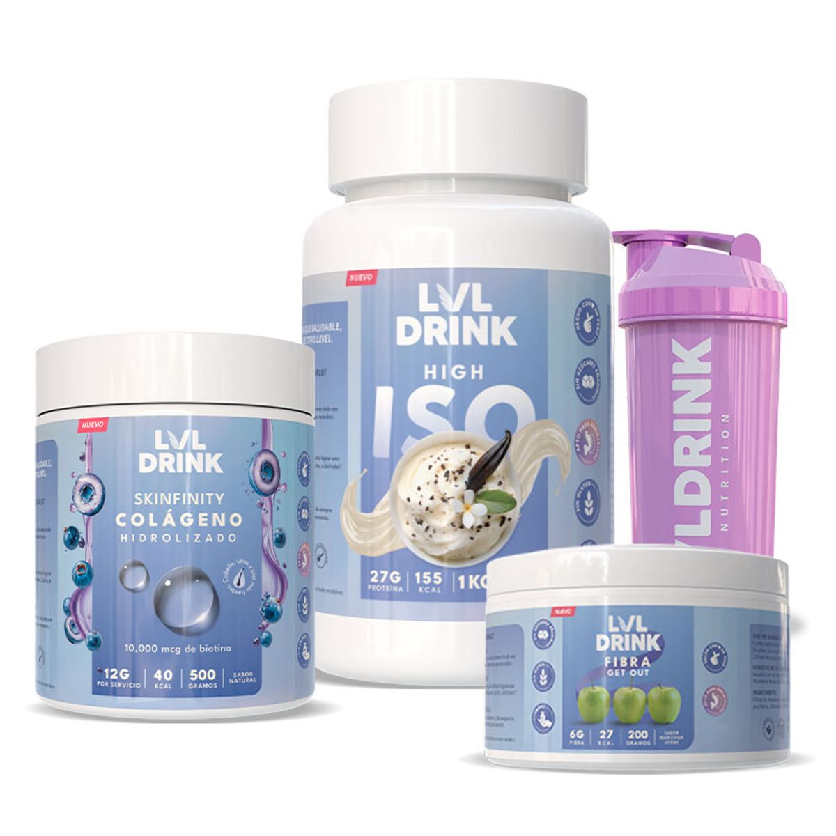 LVLDRINK NUTRITION - Proteína Vainilla 1kg + Colágeno Hidrolizado 500g + Fibra 200g + Shaker de regalo