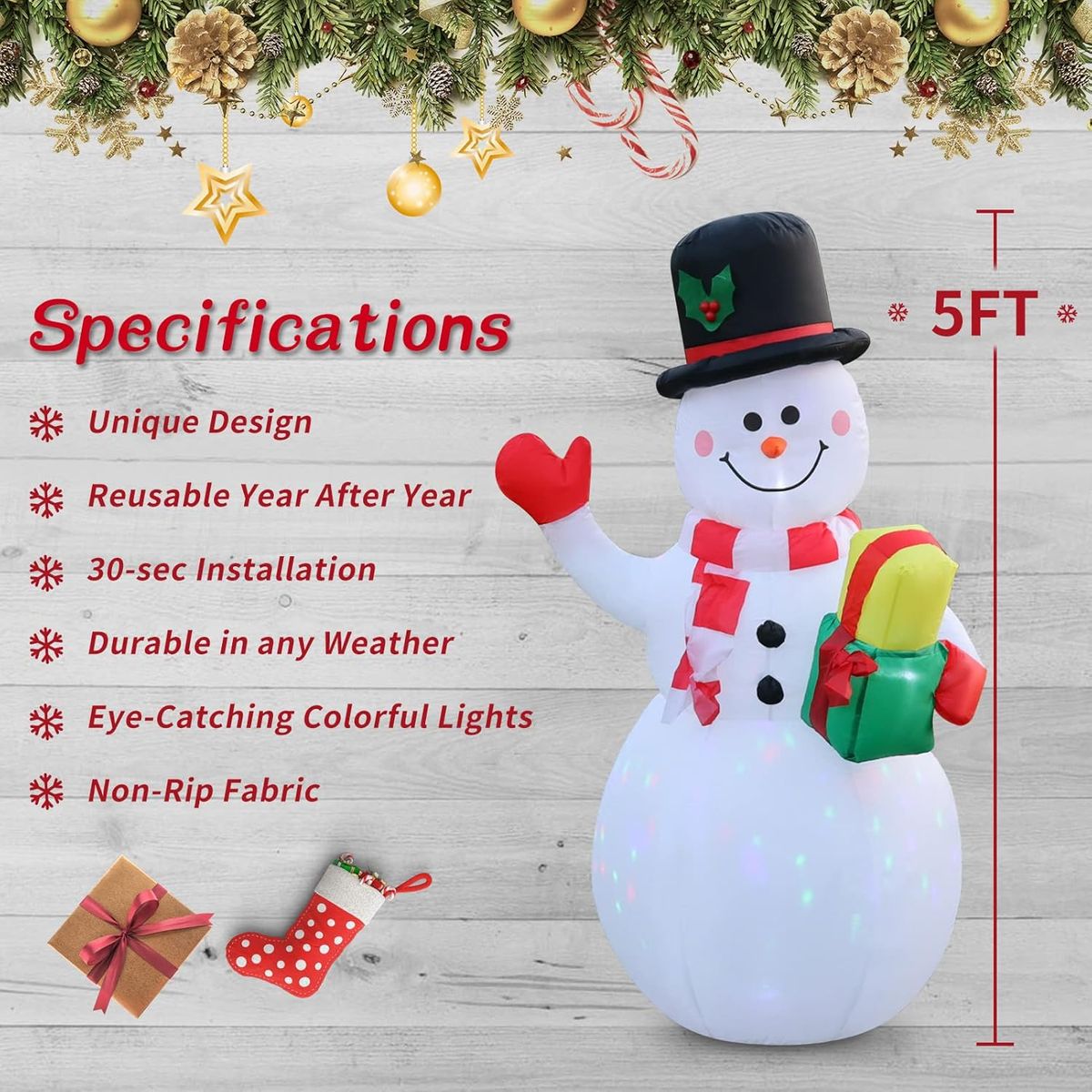 TIOZONEY - Muñeco de nieve inflable de 5 pies con luces LED de colores
