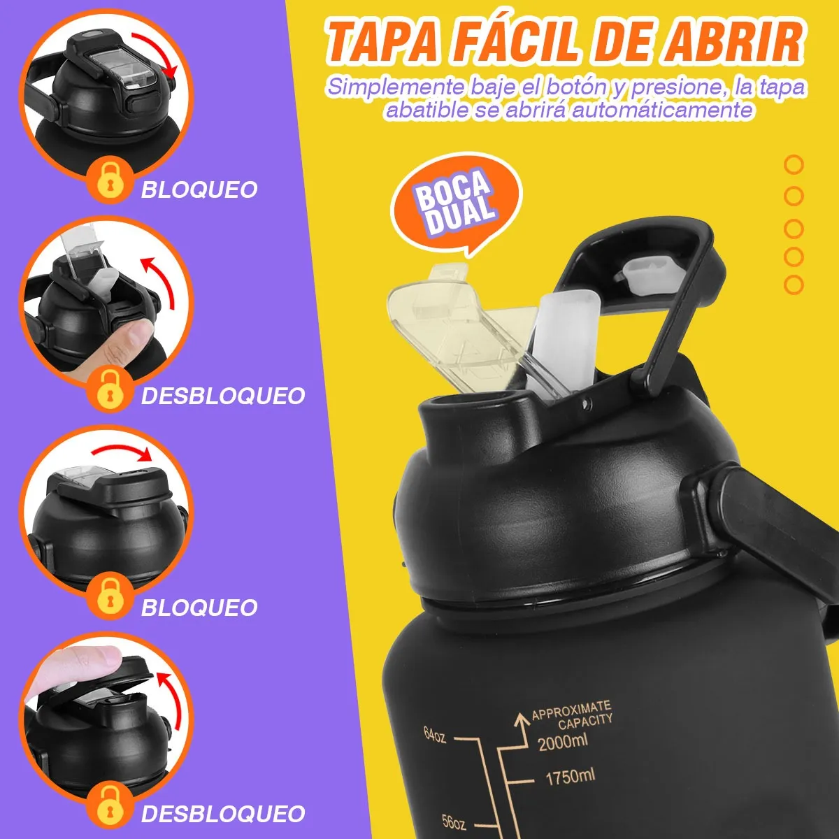 TIOZONEY - Botella De Agua Deportiva 2 Pack Gran Capacidad 2l Y 800ml