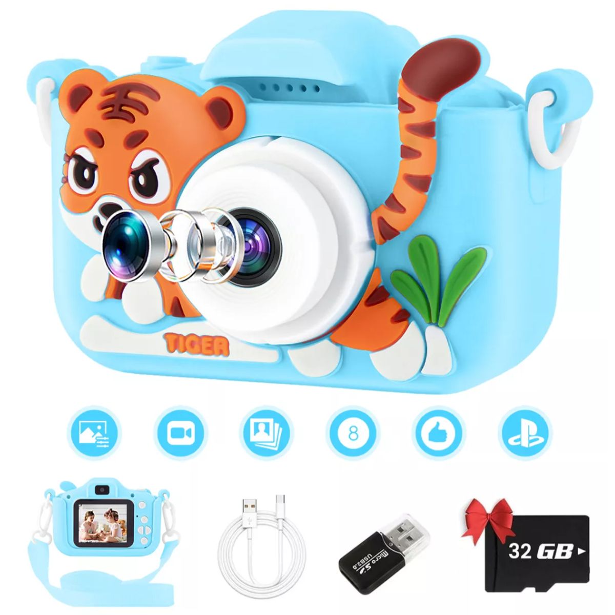 TIOZONEY - Cámara Digital Hd Para Niños Juguete Foto Video Con 32gb Sd