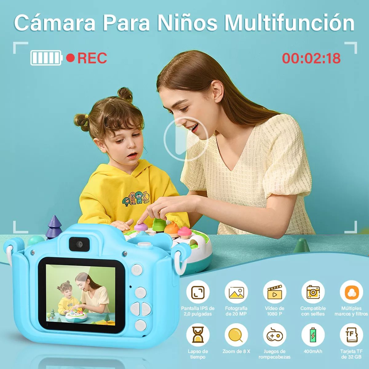 TIOZONEY - Cámara Digital Hd Para Niños Juguete Foto Video Con 32gb Sd