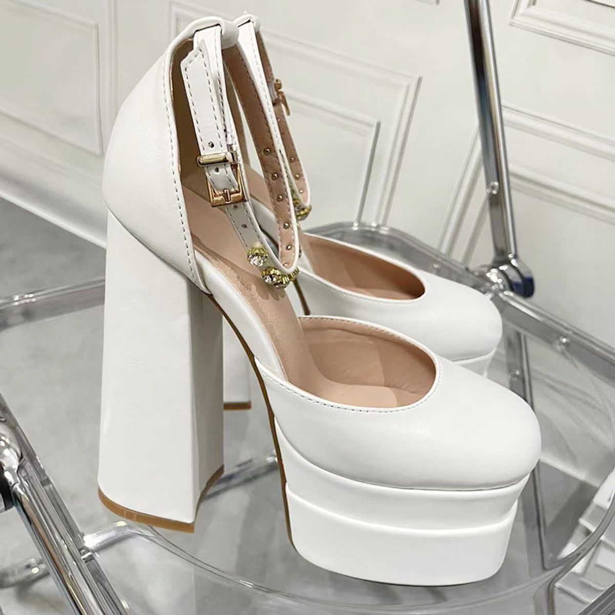 TIOZONEY - Zapatos de tacón blancos para mujer