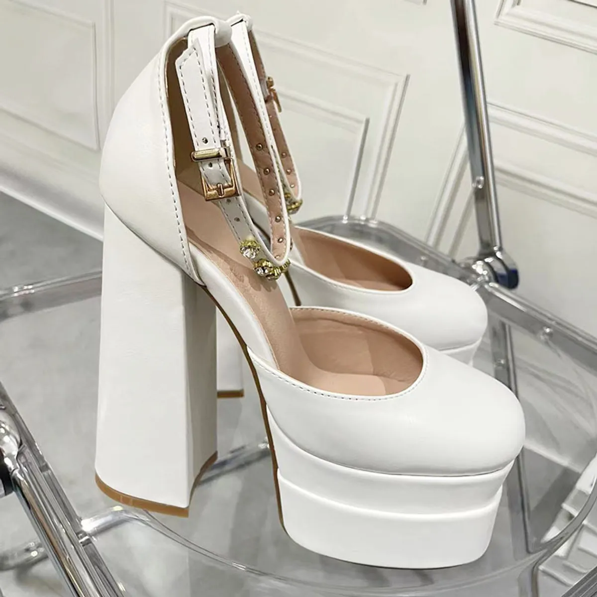 TIOZONEY - Zapatos de tacón blancos para mujer