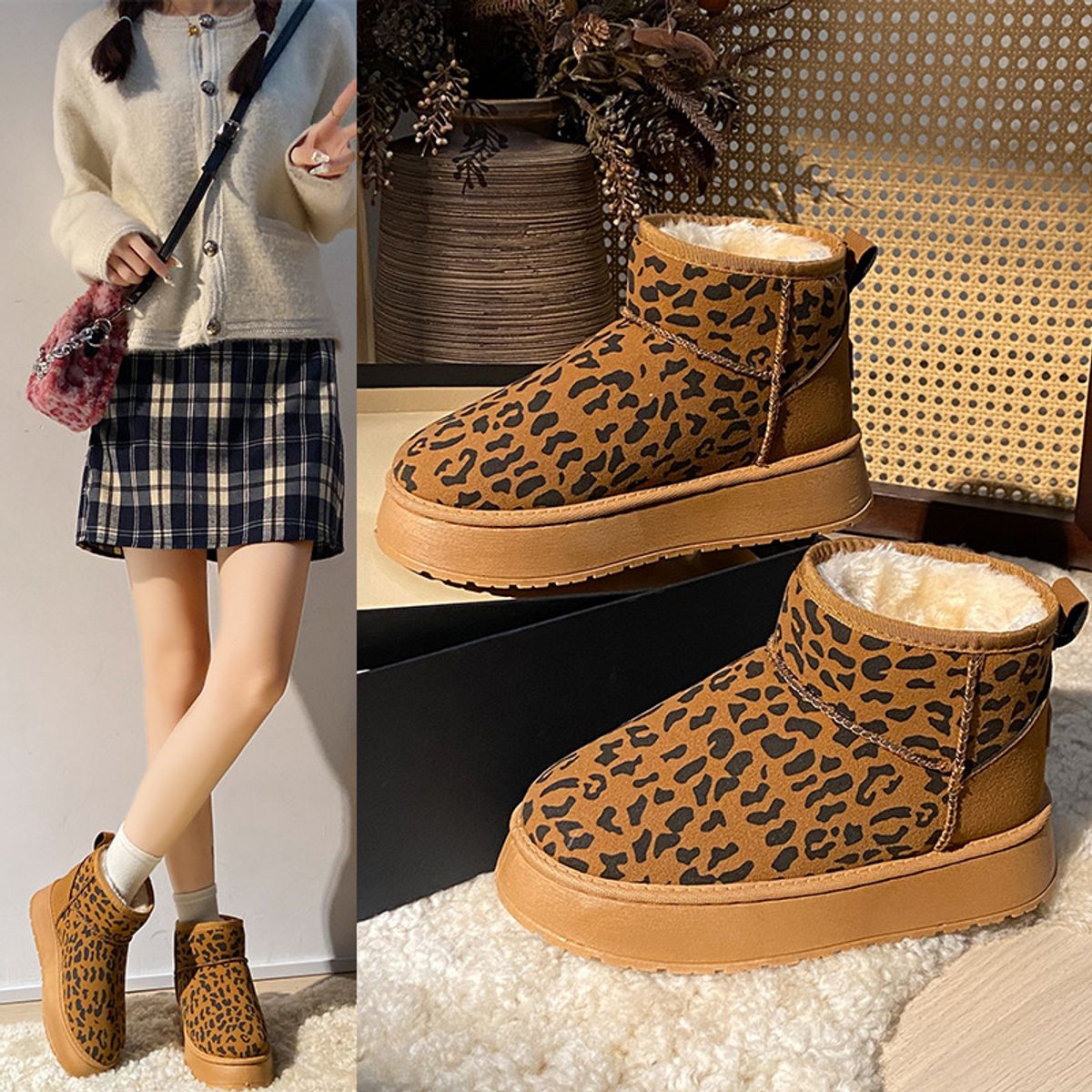 TIOZONEY - Botas de nieve cortas de felpa para mujer