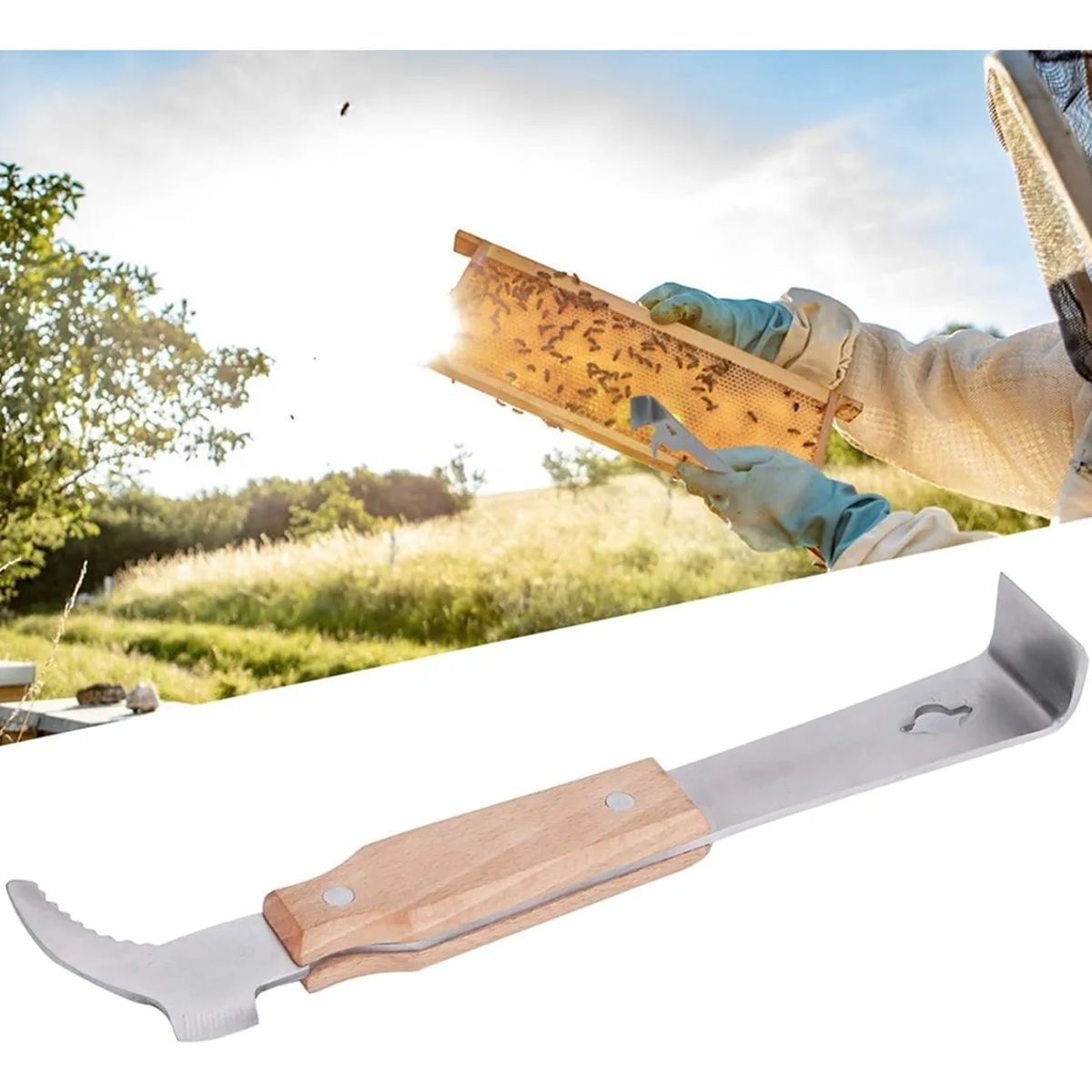 GENERICO - PALANCA APÍCOLA DE ACERO INOXIDABLE CON GANCHO J APICULTURA