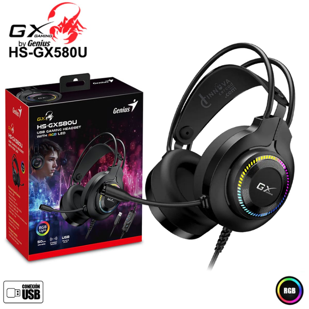 GENIUS GX - Auricular Genius Gx Gaming HS-GX580U Negro Conexion Usb Led RGB
