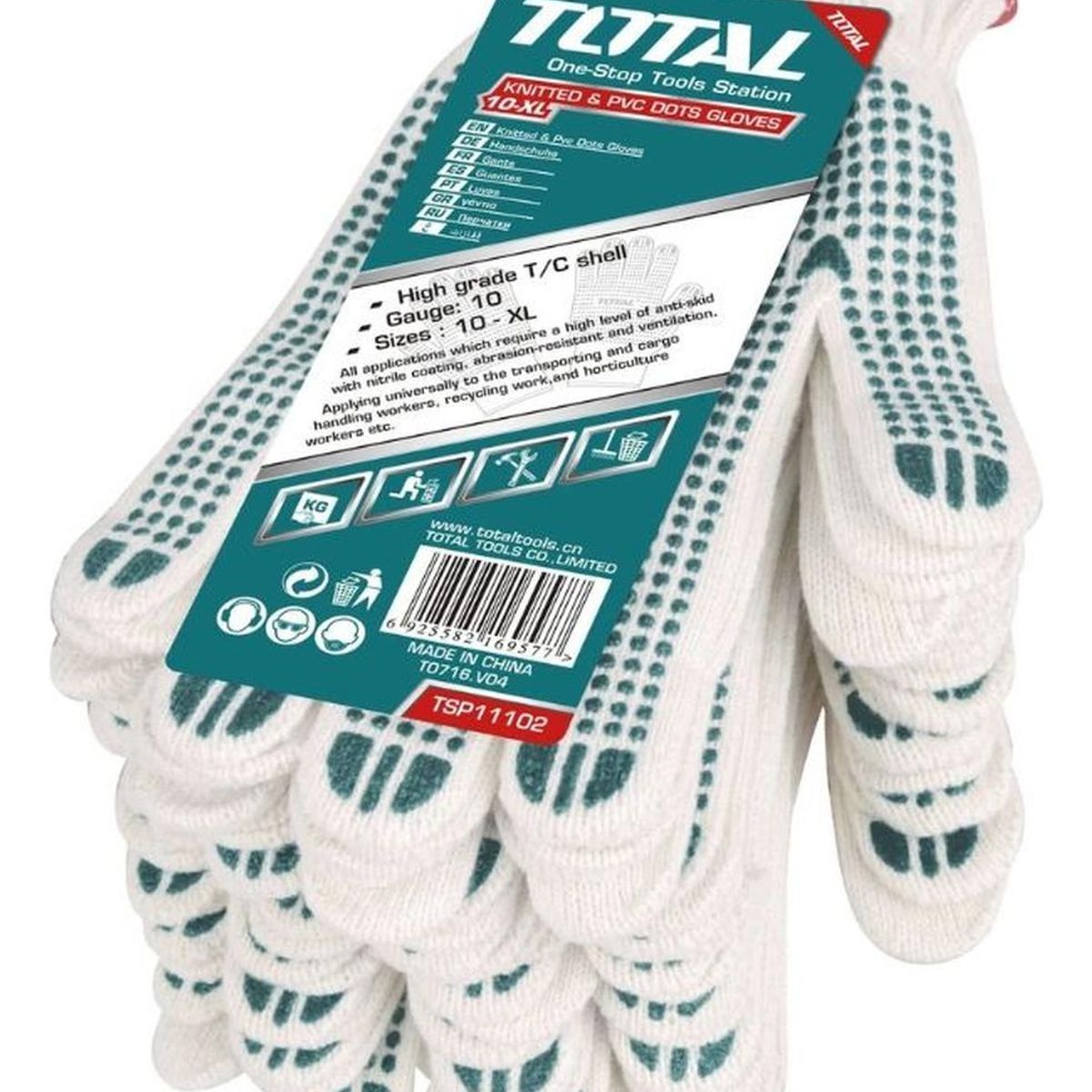 TOTAL TOOLS - Guantes de Algodón con Puntos PVC XL TSP11102 TOTAL