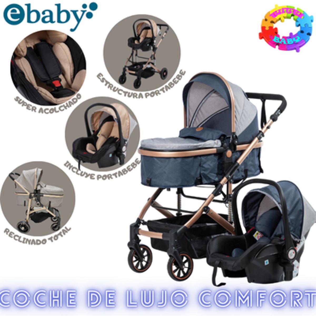 EBABY - COCHE CUNA COMFORT CON PORTABEBE-AZUL