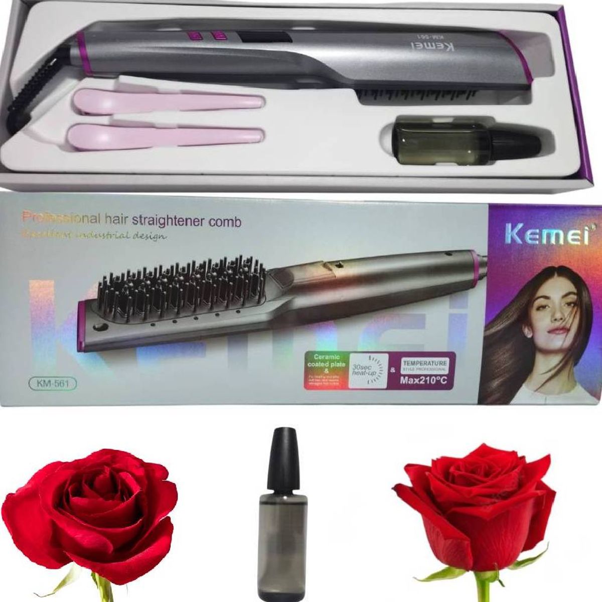 KEMEI - Cepillo Alisador  KEMEI con Aeite de Rosas
