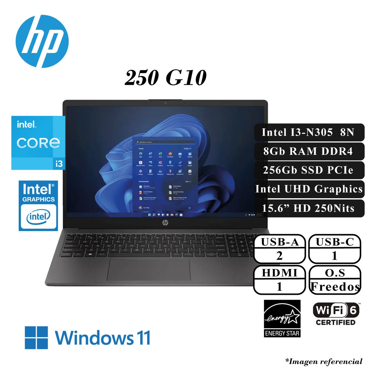 HP - LAPTOP HP 255 G10 INTEL CORE I3-N305 8N 8GB DRR4 256GB SSD 15.6 HD FD