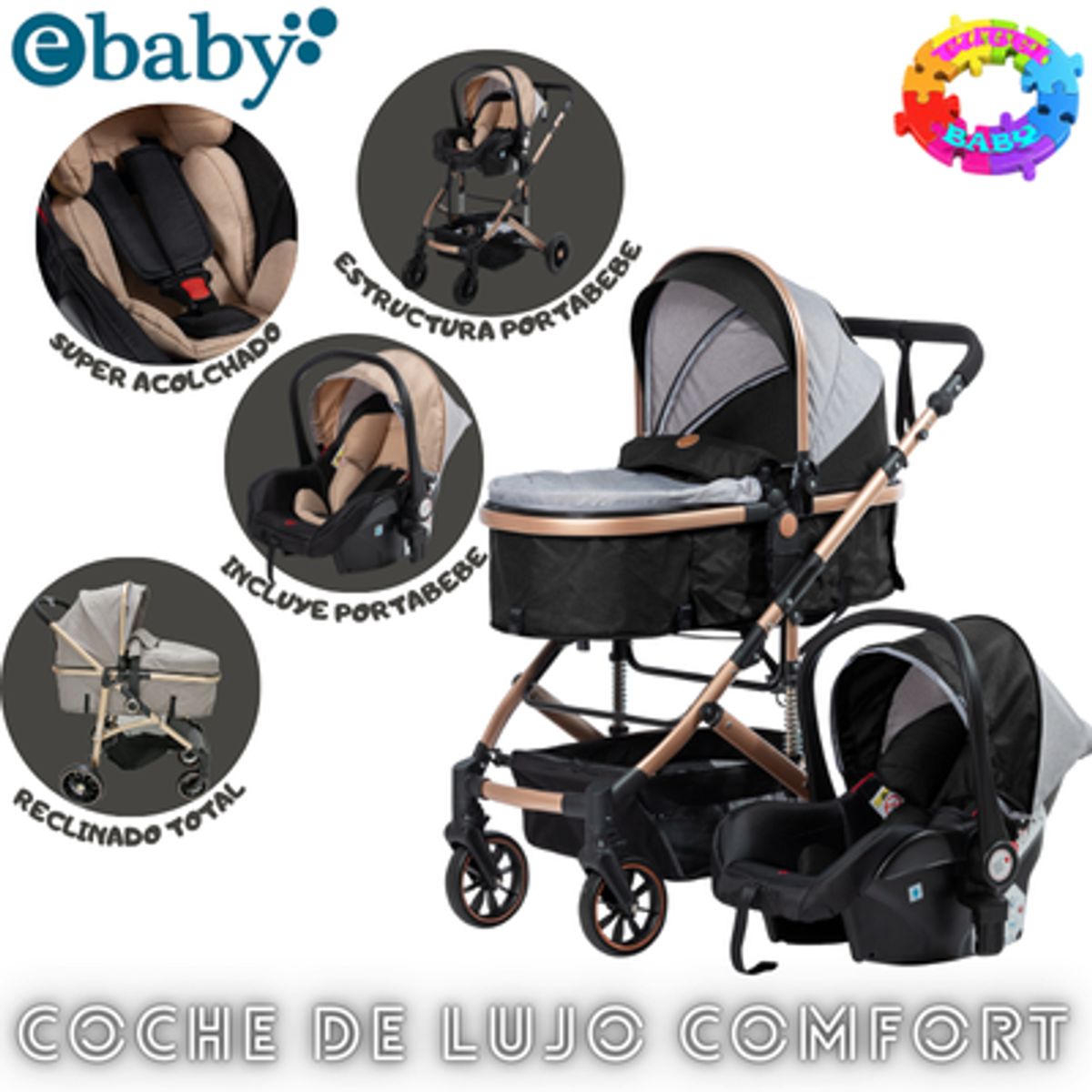 EBABY - COCHE CUNA COMFORT CON PORTABEBE-NEGRO