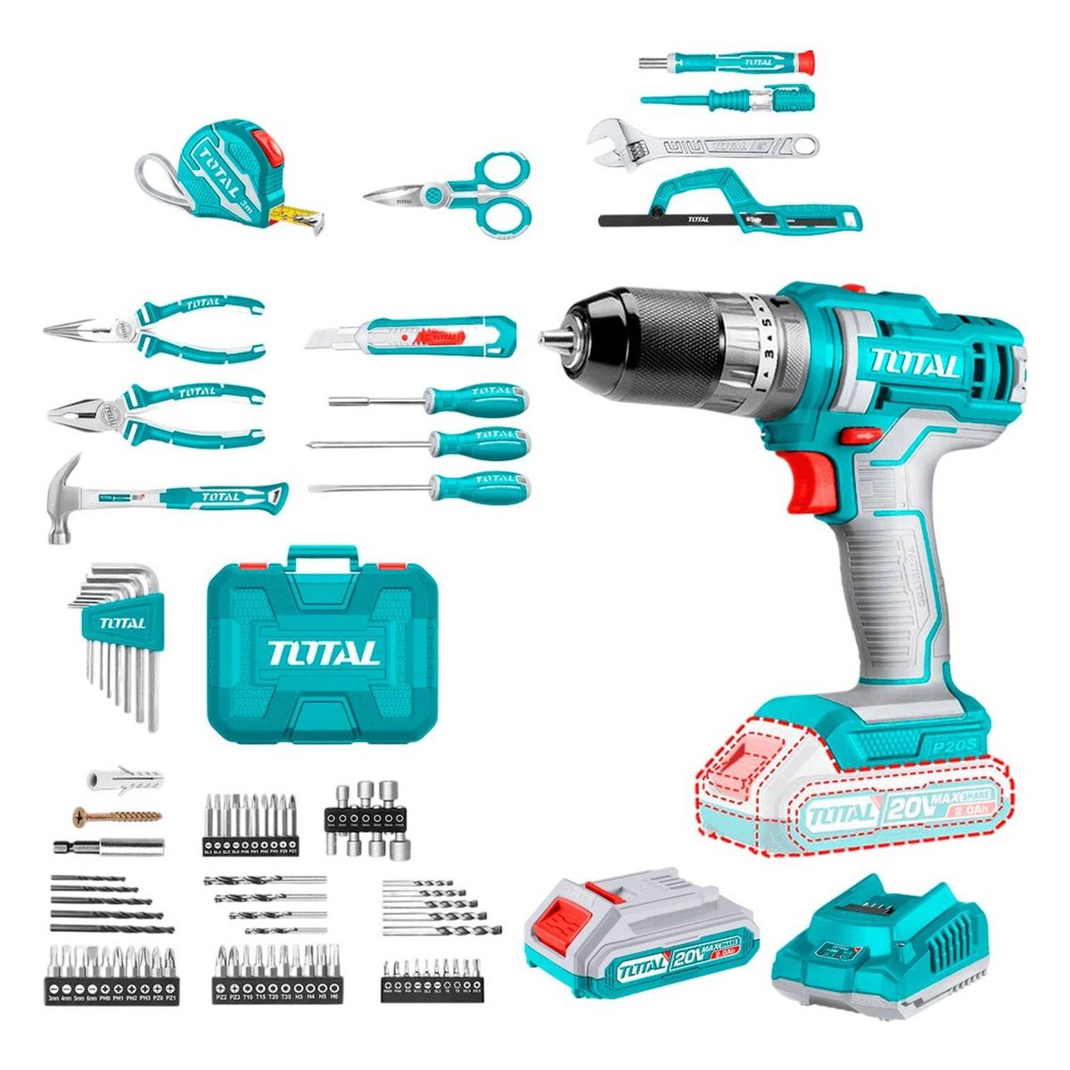 TOTAL TOOLS - Taladro 20V + set de herramientas 165 pz THKTHP11652 TOTAL