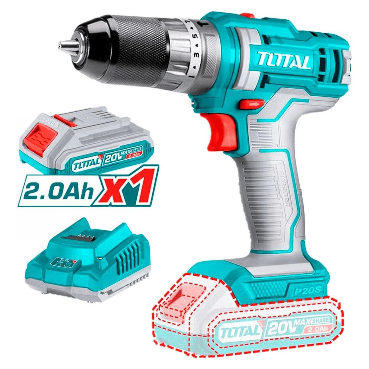 TOTAL TOOLS - Taladro 20V + set de herramientas 165 pz THKTHP11652 TOTAL
