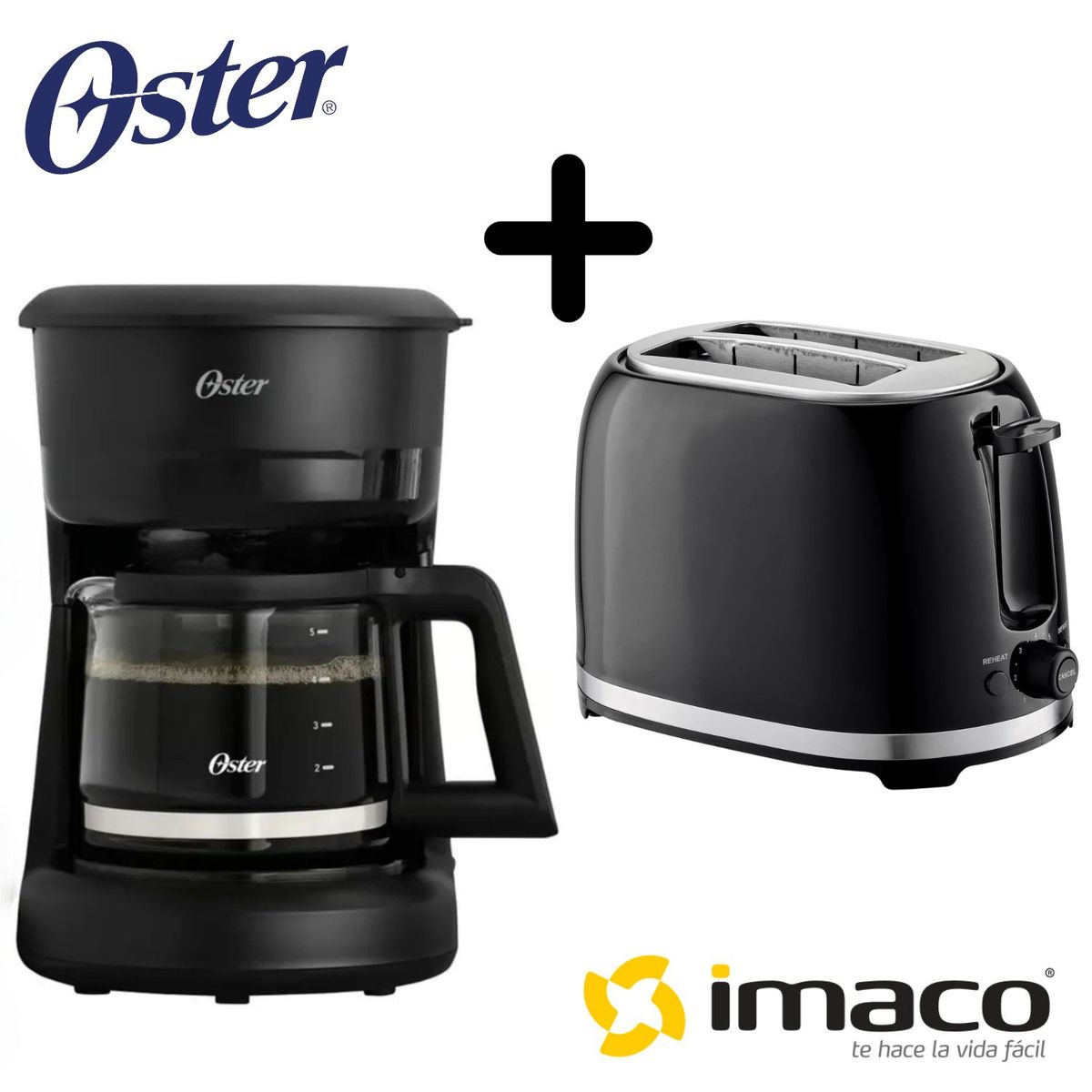 OSTER - Combo Cafetera Oster 5tzas BVSTDCS51B + Tostadora Imaco IBT2085N Negro