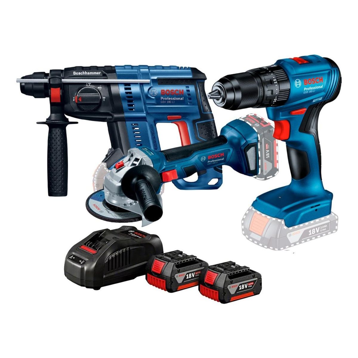 BOSCH - Esmeril 5 GWS 180 + Rotomartillo GBH 180 + Taladro GSB 185