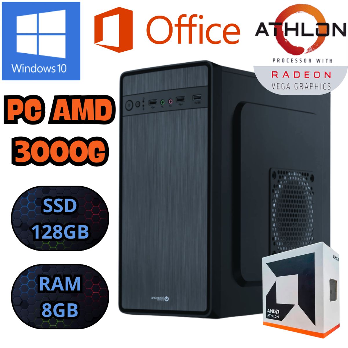AMD - COMPUTADORA PC AMD ATHLON 3000G RADEON VEGA SSD 128GB RAM 8GB