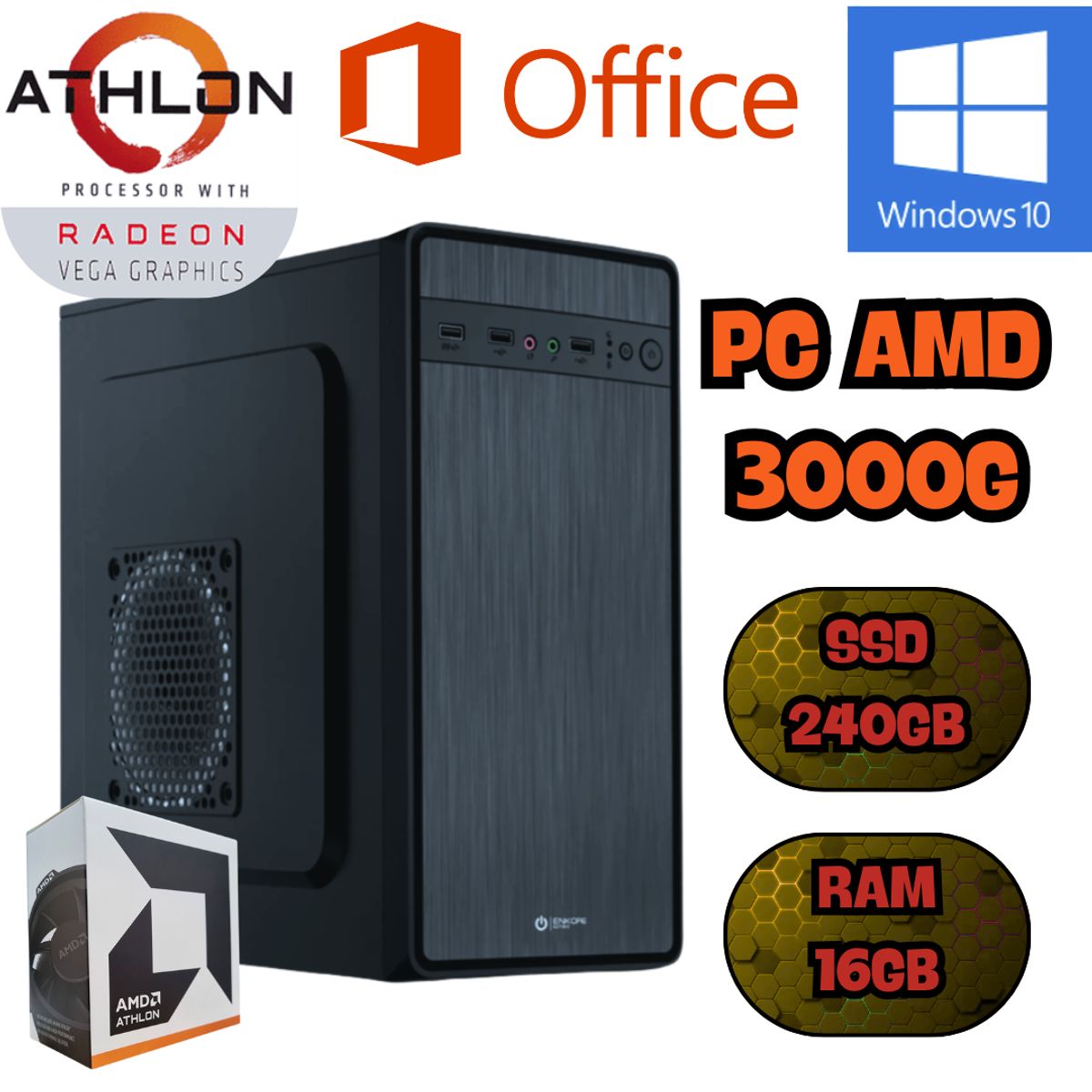 AMD - COMPUTADORA PC AMD ATHLON 3000G RADEON VEGA SSD 128GB RAM 16GB