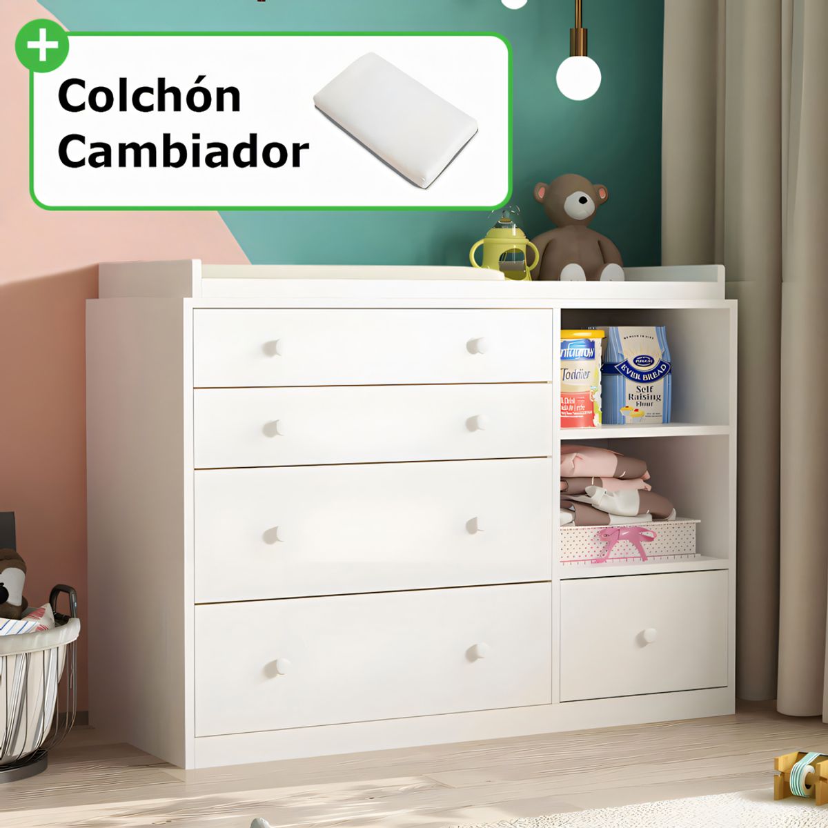 GENERICO - Cómoda Cambiador Para Bebé Amore 5 Cajones Blanco 120 cm + Colchón Huk