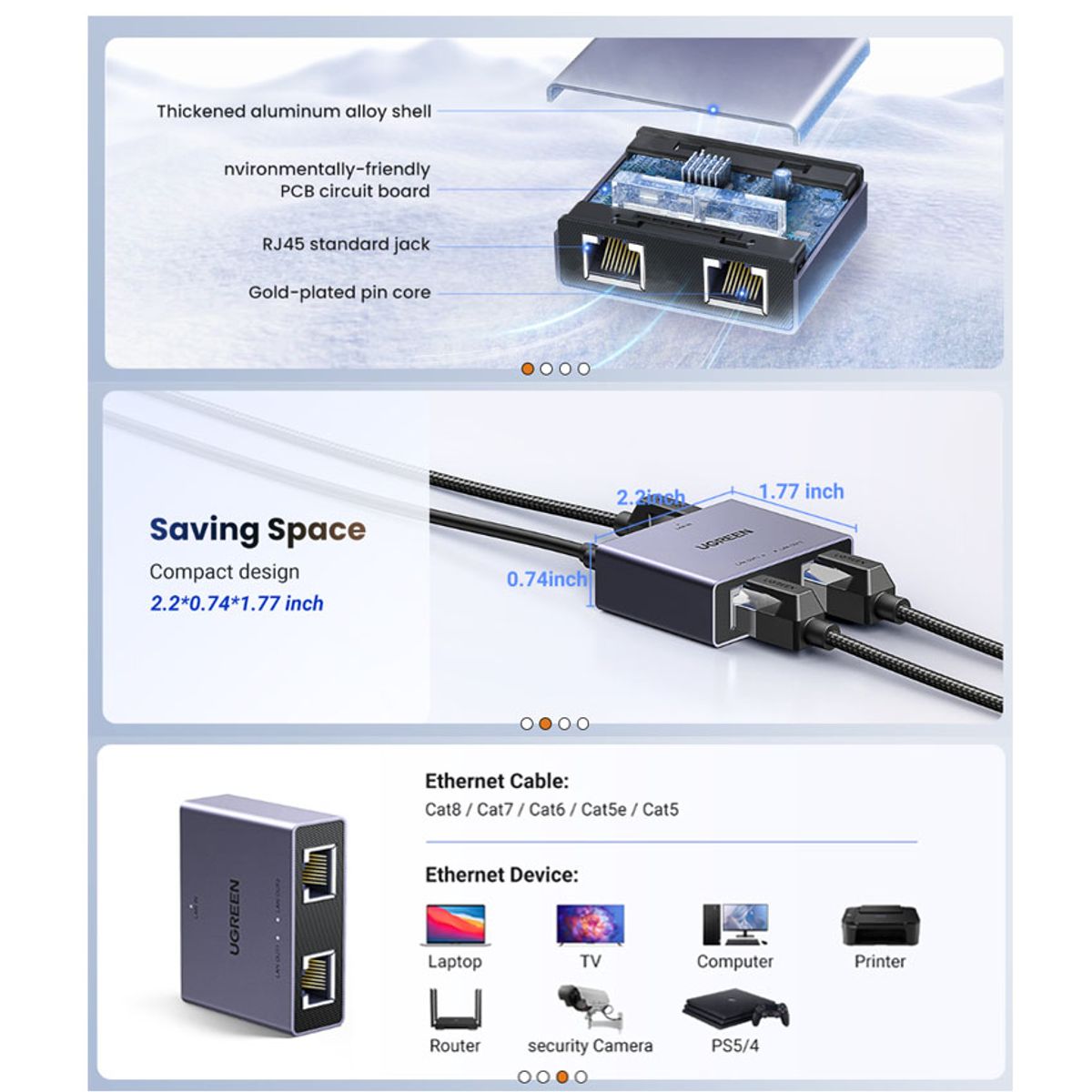 UGREEN - UGREEN Divisor GIGABIT Ethernet RJ45 Splitter LAN 1 a 2