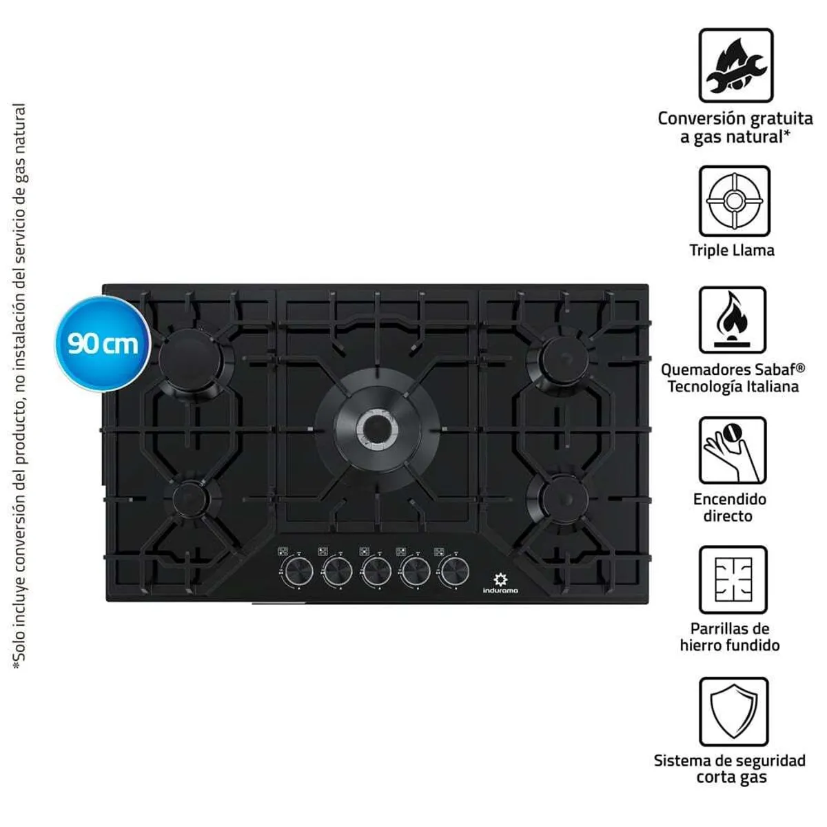 INDURAMA - Encimera 5 quemadores a gas Negro Indurama EGASI-905CGNE
