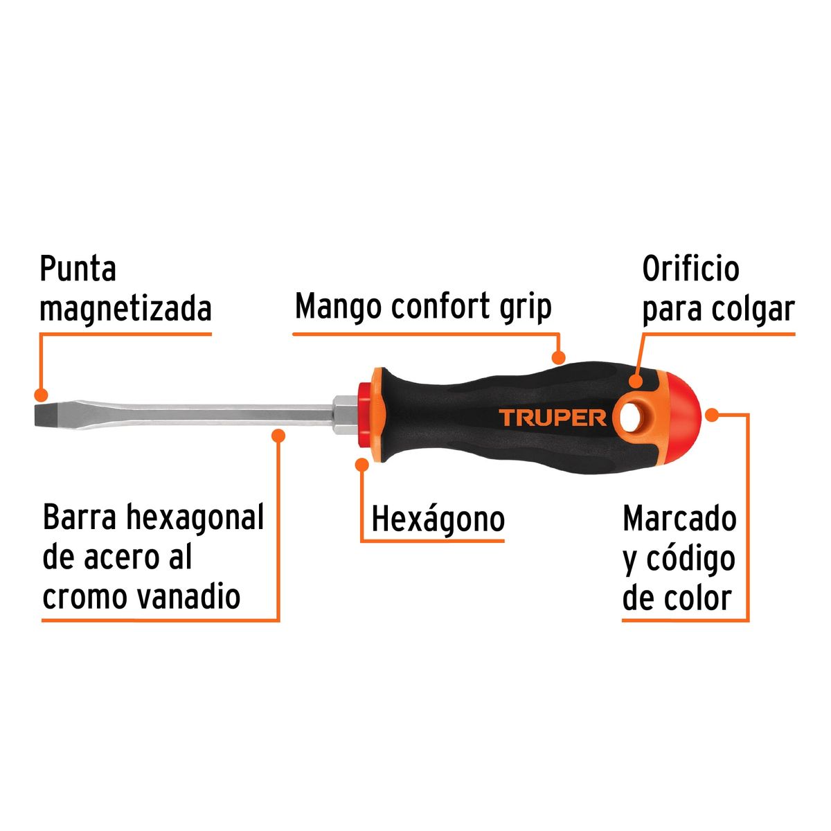 TRUPER - Desarmador Plano 1/4" x 4" Mango Comfort Grip 13998 Truper