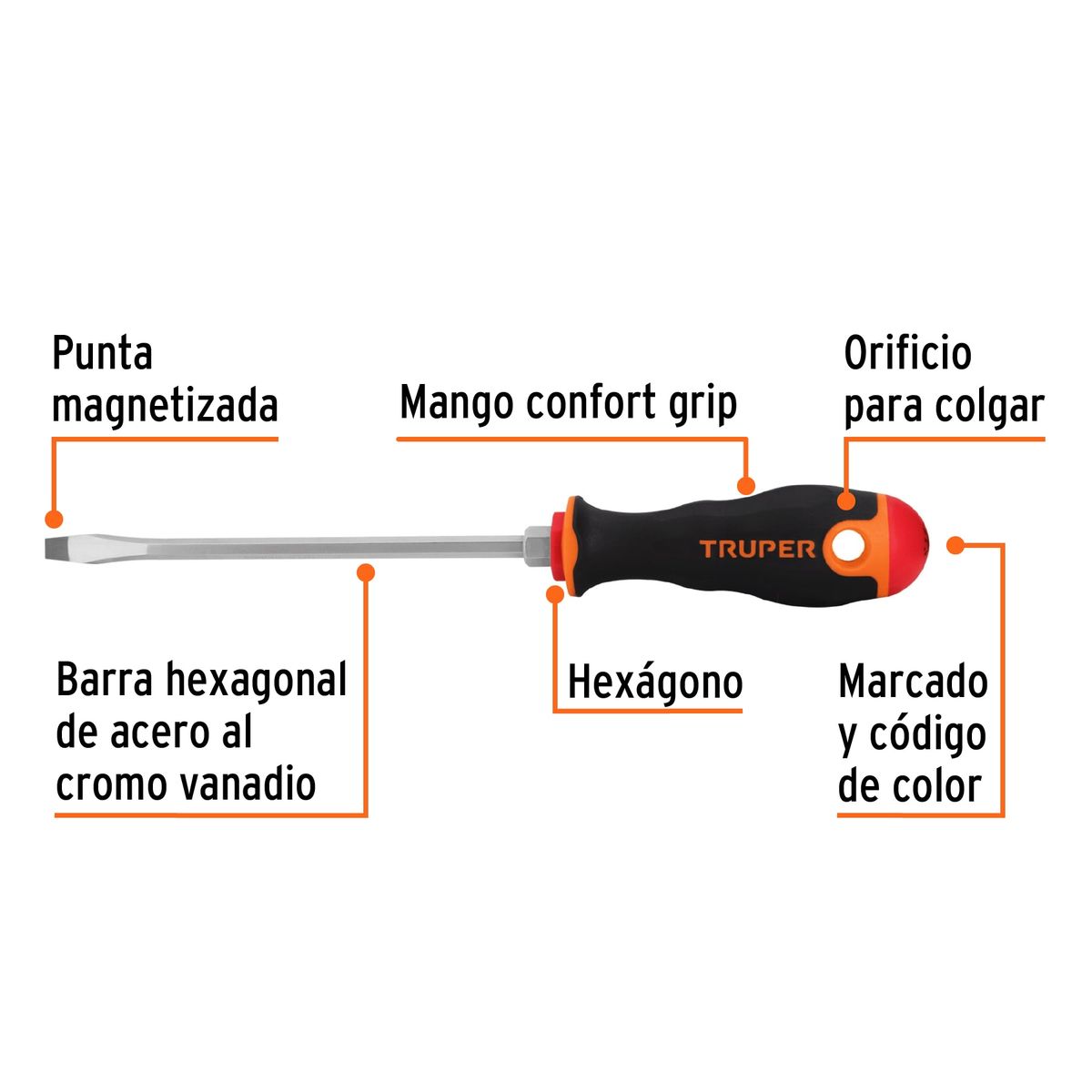 TRUPER - Desarmador Plano 1/4" x 6" Mango Comfort Grip 14000 Truper
