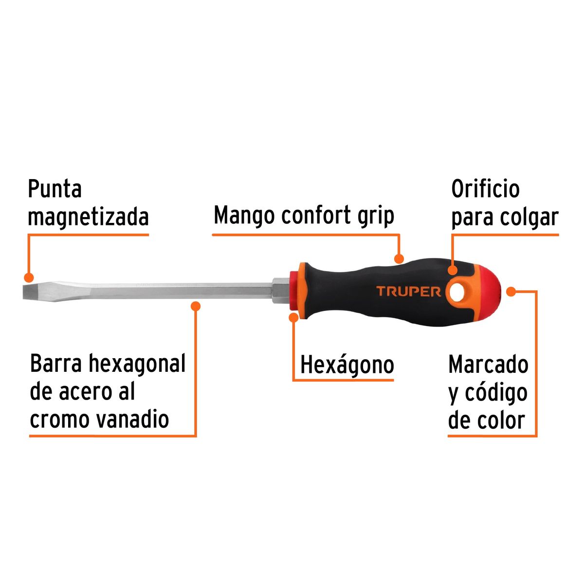 TRUPER - Desarmador Plano 5/16" x 6" Mango Comfort Grip 14006 Truper
