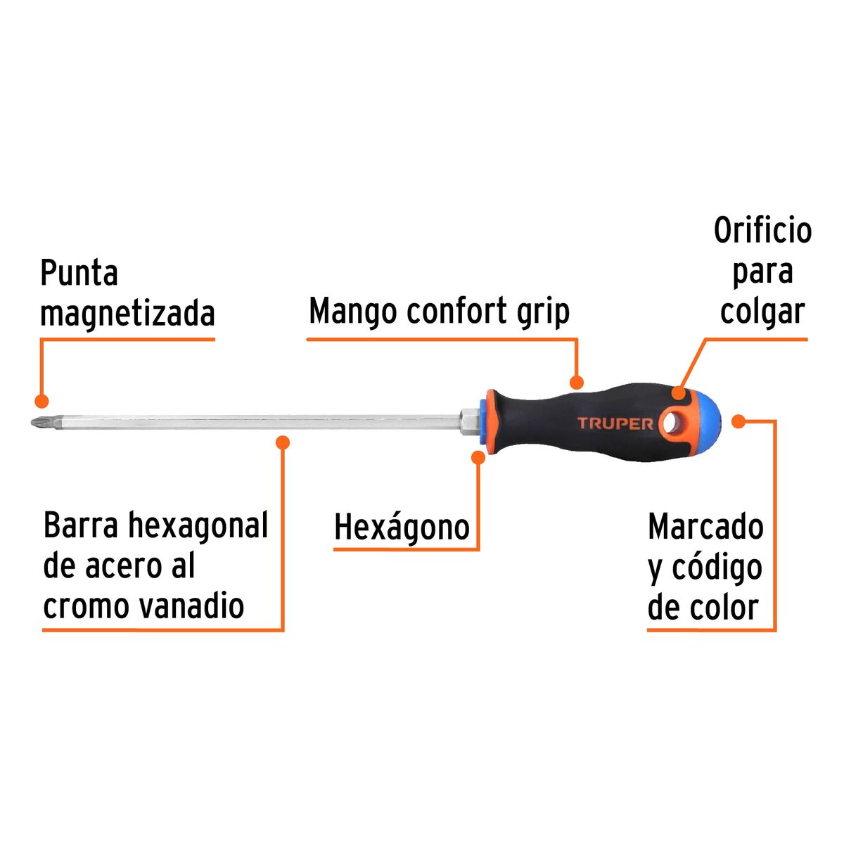 TRUPER - Desarmador Estrella Cruz 1/4" x 8" Mango Comfort Grip 14082 Truper