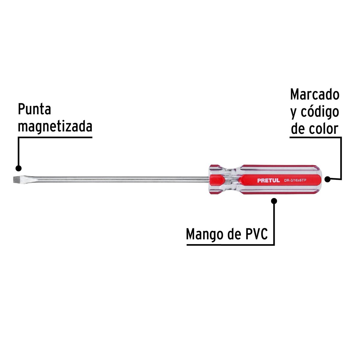 PRETUL - Desarmador Plano 3/16" x 6" Mango de PVC 21457 Pretul