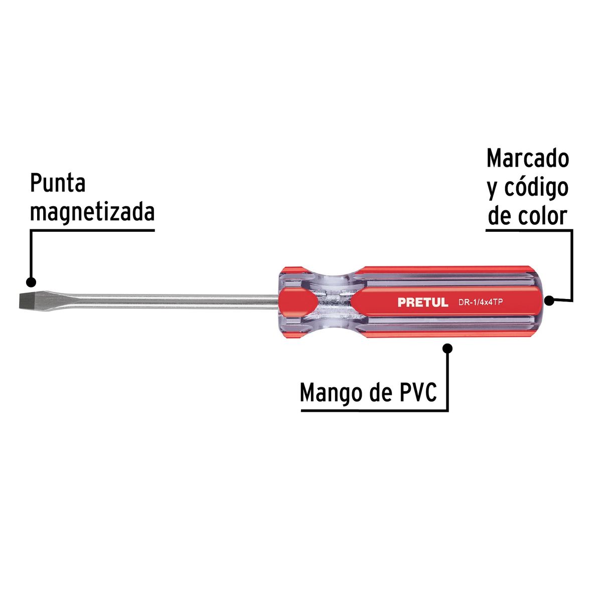 PRETUL - Desarmador Plano 1/4" x 4" Mango de PVC 21459 Pretul