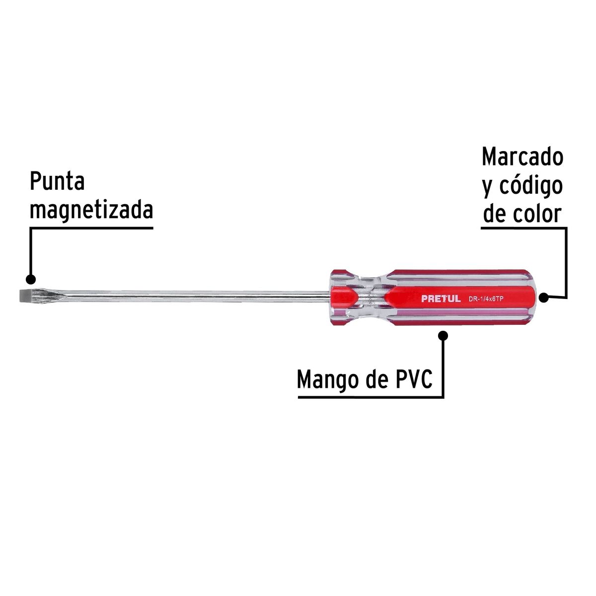 PRETUL - Desarmador Plano 1/4" x 6" Mango de PVC 21462 Pretul