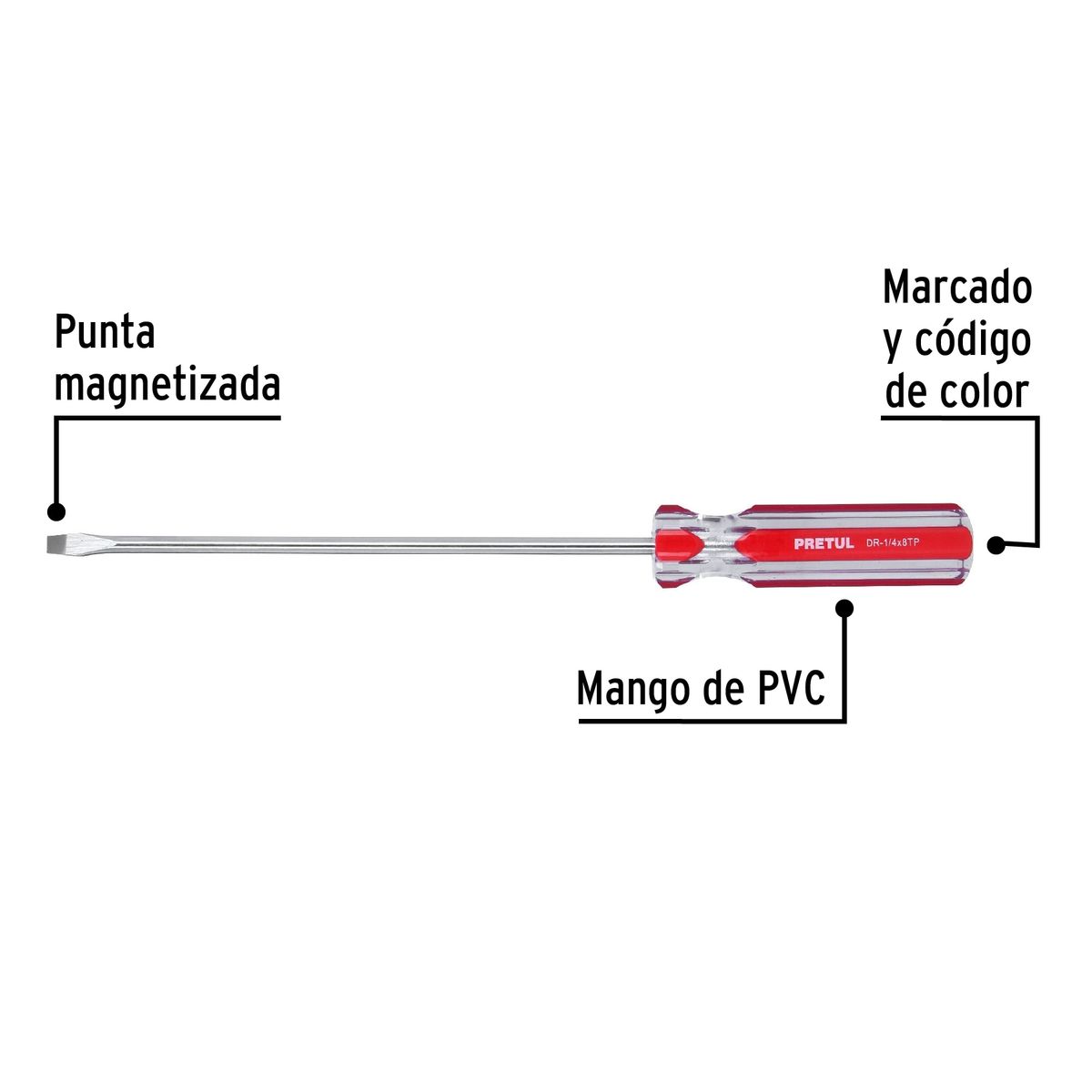 PRETUL - Desarmador Plano 1/4" x 8" Mango de PVC 21460 Pretul