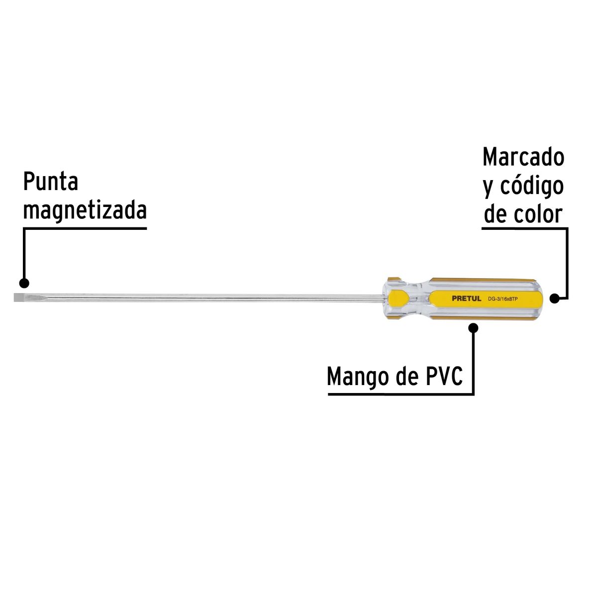 PRETUL - Desarmador Plano Cabinet 3/16" x 8" Mango de PVC 21469 Pretul
