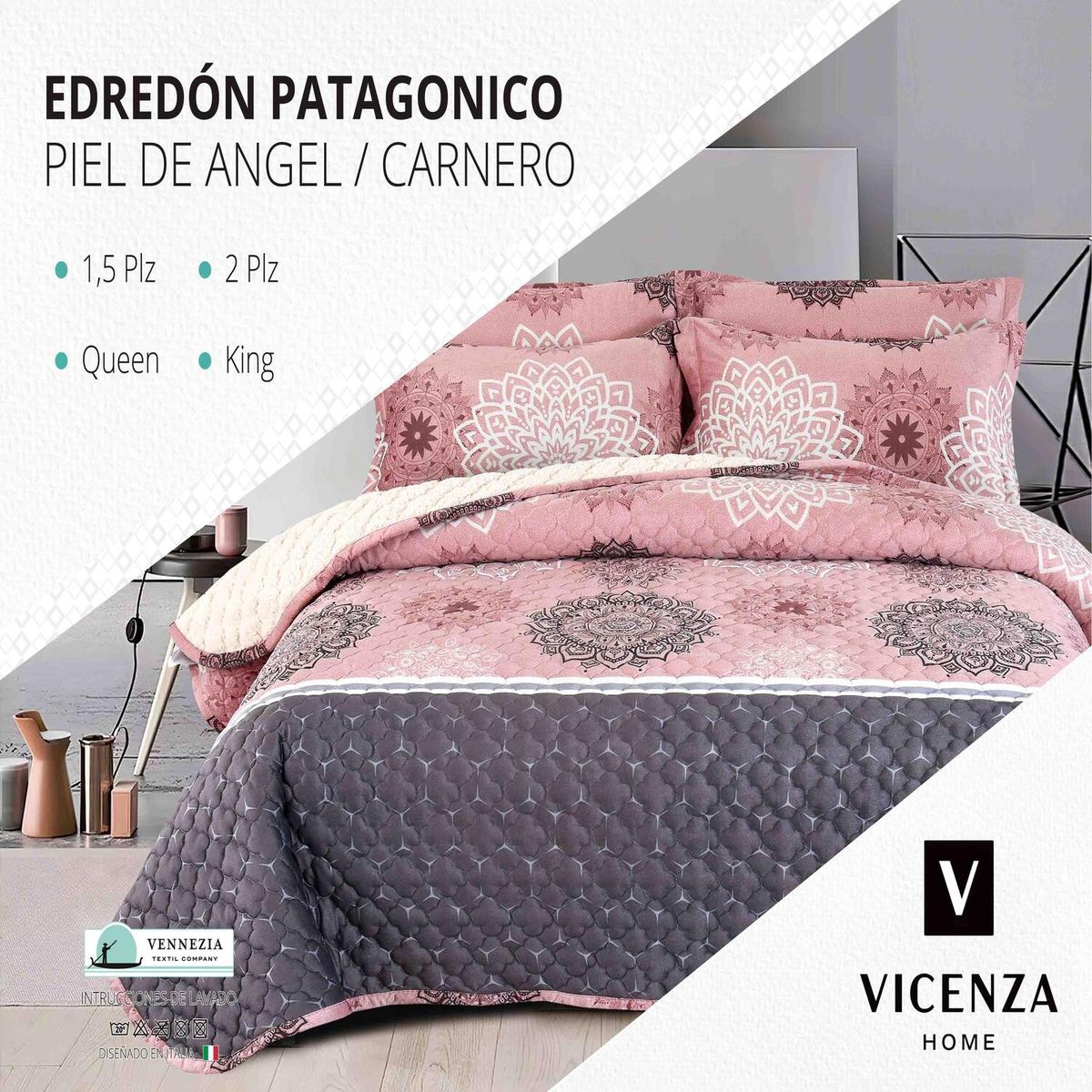 VENEZIA - Set de Edredón King Patagonico Piel de Angel C/ Carnero de 5 Piezas