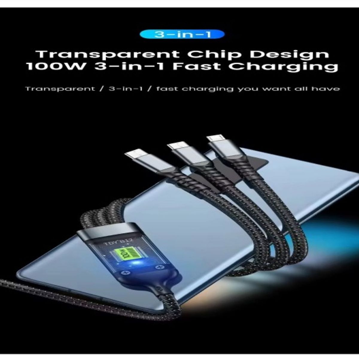 SMART - CABLE 3 EN 1 SUPER RAPIDO 100W NYLON REFORZADO PARA TODOS LOS MOVILES