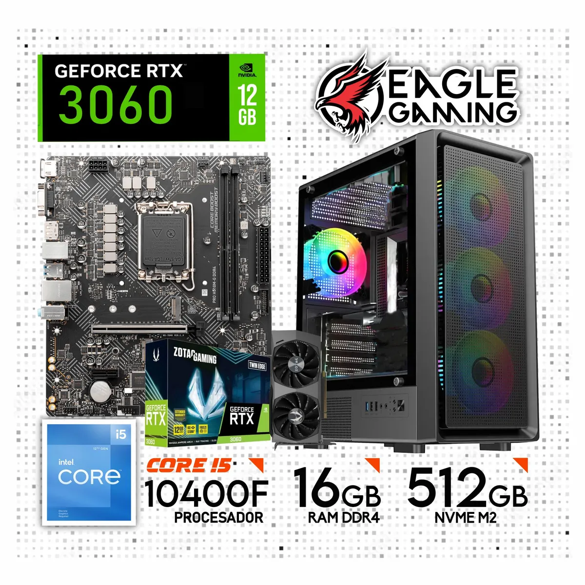 NVIDIA - Computadora PC Gamer Core i5 10400F + RAM 16GB + SSD 512GB + VIDEO RTX 3060 12GB