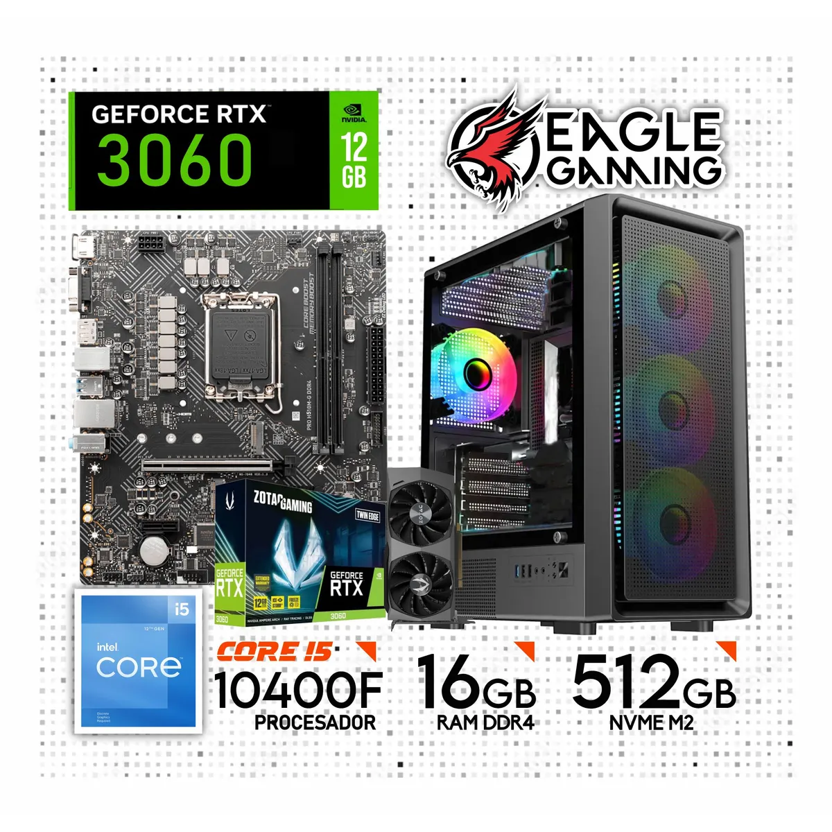 NVIDIA - Computadora PC Gamer Core i5 10400F + RAM 16GB + SSD 512GB + VIDEO RTX 3060 12GB