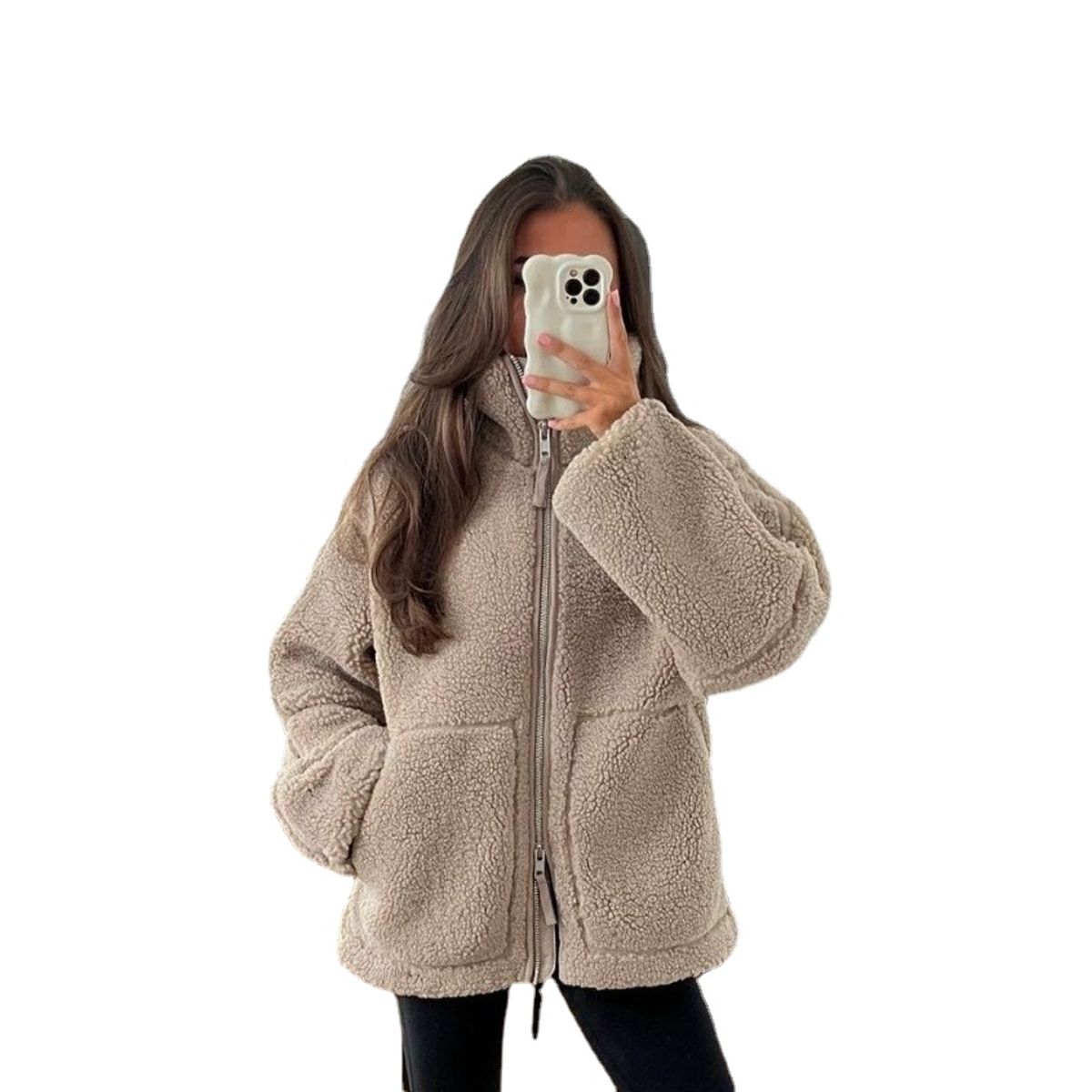 TIOZONEY - Chaqueta con cierre y cuello alto mujer - Café Claro