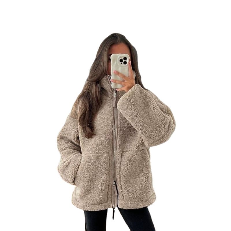 TIOZONEY - Chaqueta con cierre y cuello alto mujer - Café Claro