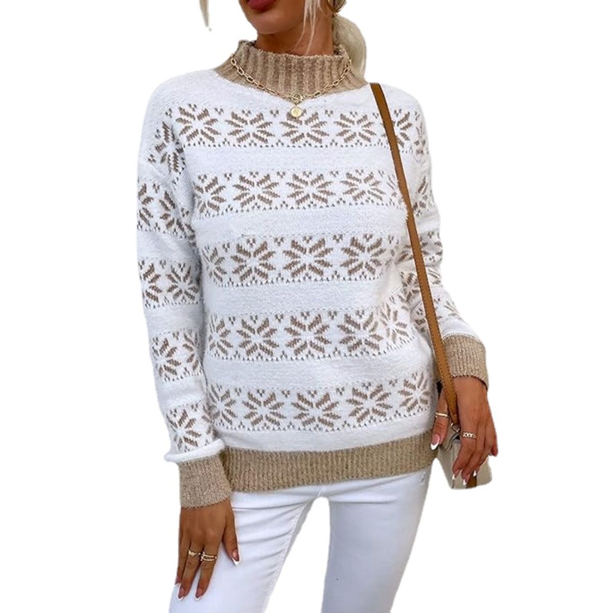 TIOZONEY - Sweater Cuello Alto con diseño para mujer - Café Claro