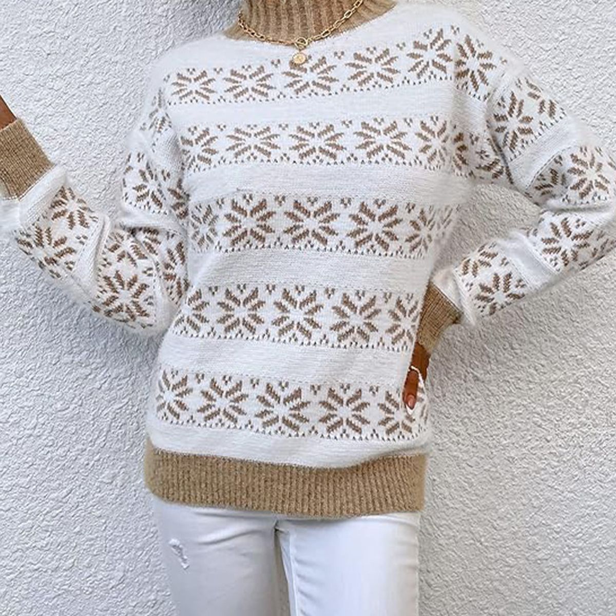 TIOZONEY - Sweater Cuello Alto con diseño para mujer - Café Claro